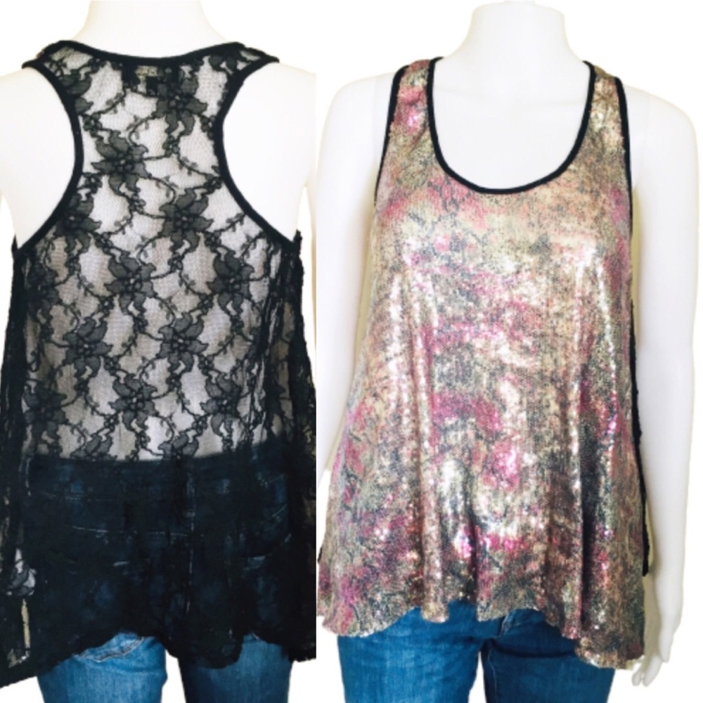 RIVER ISLAND Y2K Party Black Racerback Flowy Tank Top Sequin Lace Back Size 6